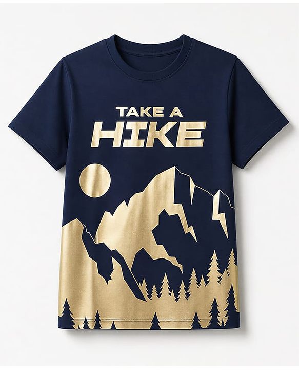 Pine Kids Cotton Knit T-Shirt with Half Sleeves and Take A Hike Text Print - Navy Blue