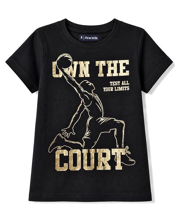 Pine Kids Cotton Knit T-Shirt Sports Graphic Print Round Neck Half Sleeves  Black 4-5 Years