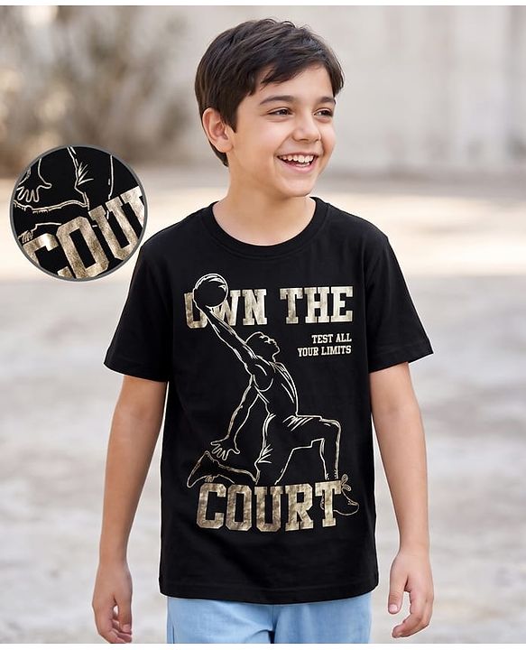 Pine Kids Cotton Knit T-Shirt Sports Graphic Print Round Neck Half Sleeves  Black 4-5 Years