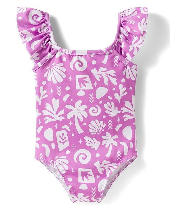 Babyhug Water Repellent  Sleeveless V Cut Swimsuit With Tropical Theme Print - Purple