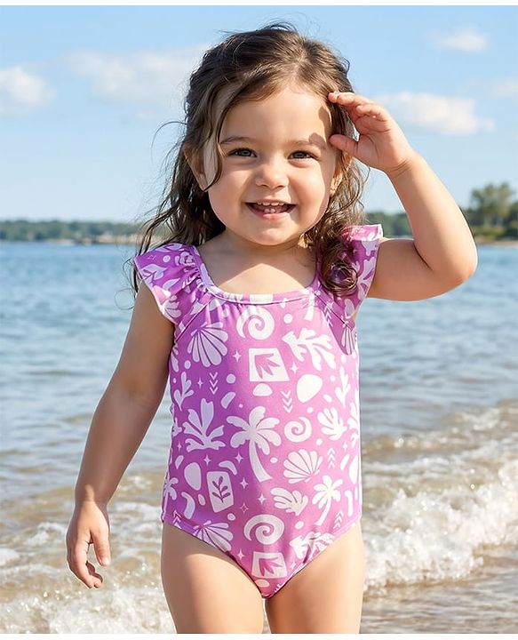 Babyhug Water Repellent  Sleeveless V Cut Swimsuit With Tropical Theme Print - Purple