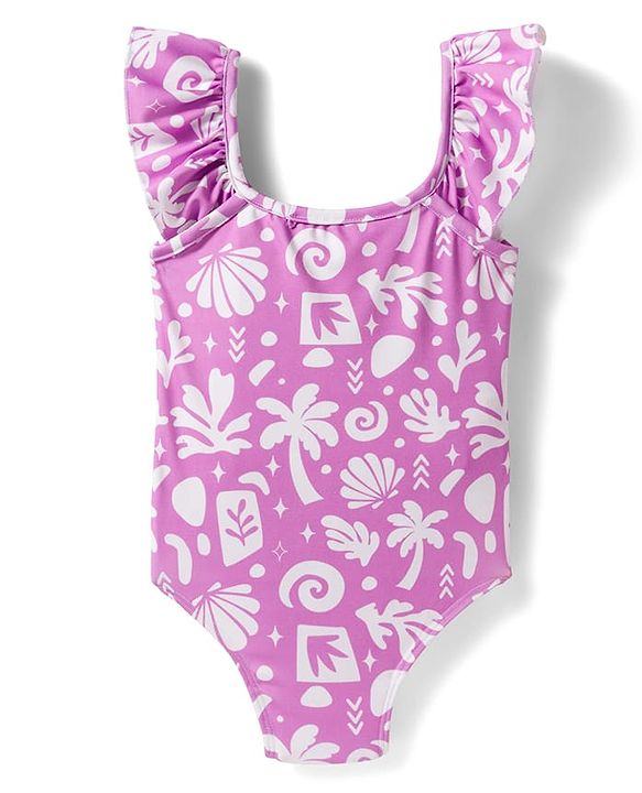 Babyhug Water Repellent  Sleeveless V Cut Swimsuit With Tropical Theme Print - Purple