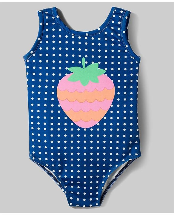 Babyhug Water Repellent Sleeveless V Cut Swimsuit with Strawberry Print - Navy Blue