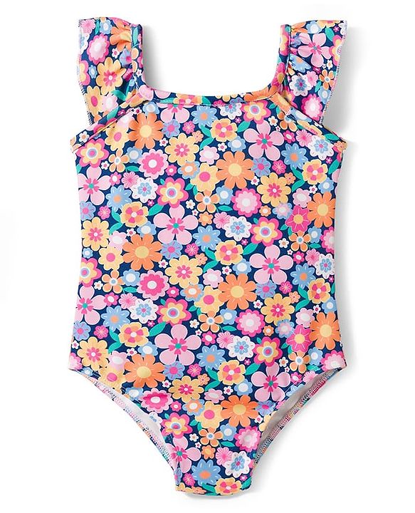 Babyhug Water Repellent Sleeveless V Cut Swimsuit With Floral Print - Multicolor