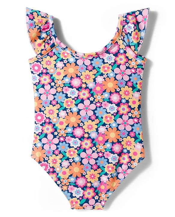Babyhug Water Repellent Sleeveless V Cut Swimsuit With Floral Print - Multicolor
