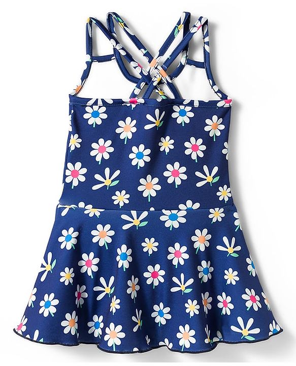 Babyhug Sleeveless Floral Printed Frock Swimsuit - Navy Blue