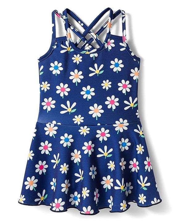 Babyhug Sleeveless Floral Printed Frock Swimsuit - Navy Blue
