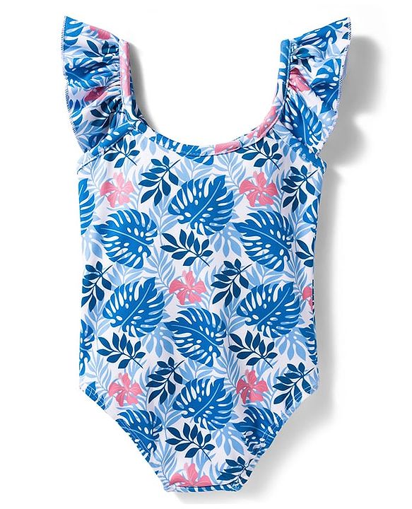 Babyhug Water Repellent Sleeveless V Cut Swimsuit With Leaf Print - Blue