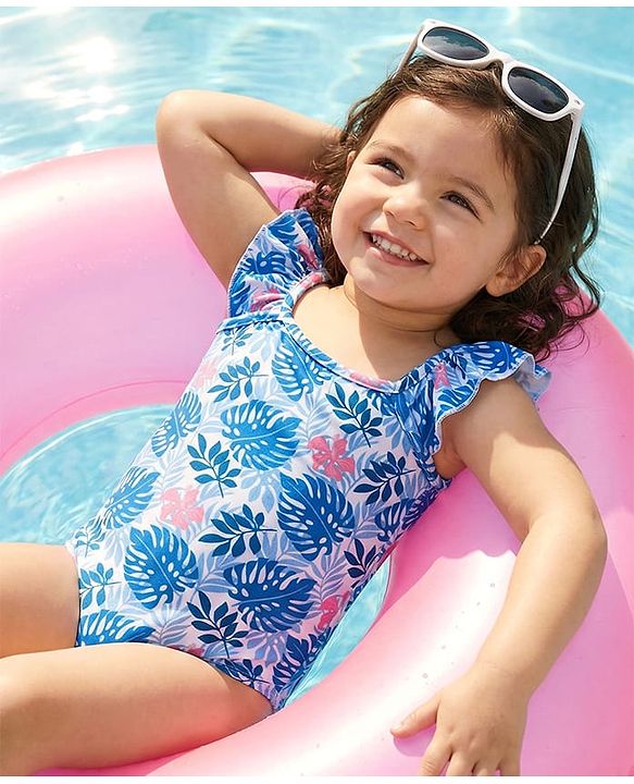 Babyhug Water Repellent Sleeveless V Cut Swimsuit With Leaf Print - Blue