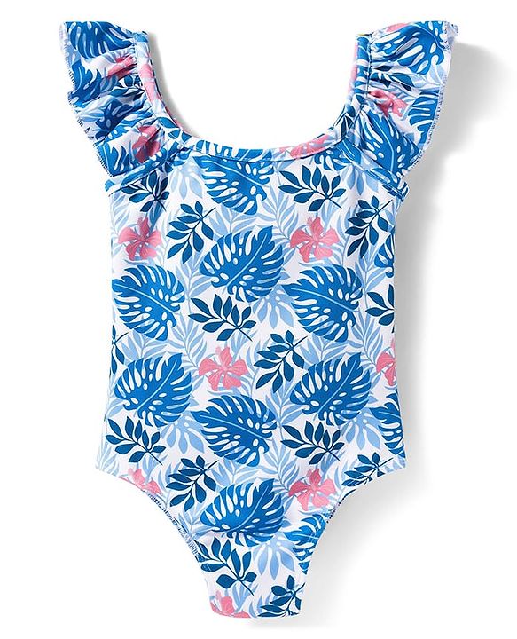 Babyhug Water Repellent Sleeveless V Cut Swimsuit With Leaf Print - Blue