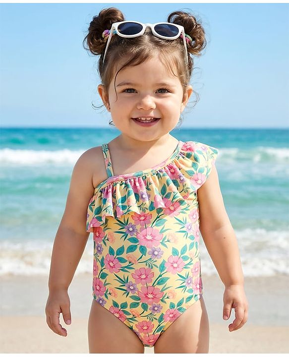 Babyhug Water Repellant Sleeveless V Cut Swimsuit With Floral Print - Yellow