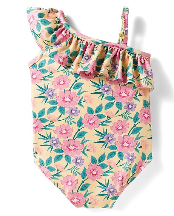 Babyhug Water Repellant Sleeveless V Cut Swimsuit With Floral Print - Yellow