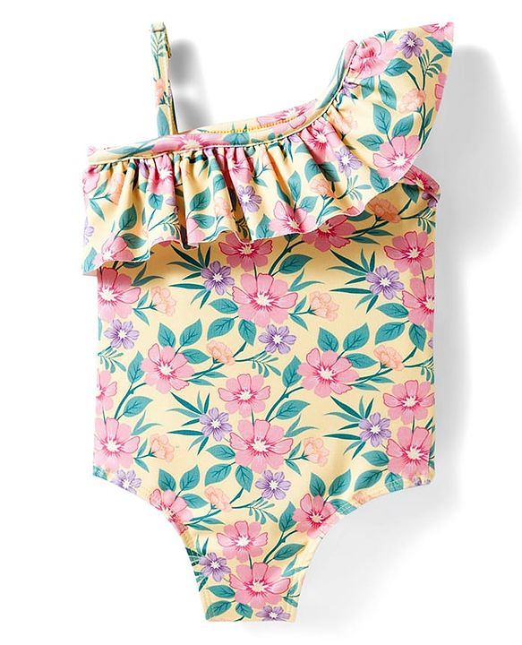 Babyhug Water Repellant Sleeveless V Cut Swimsuit With Floral Print - Yellow