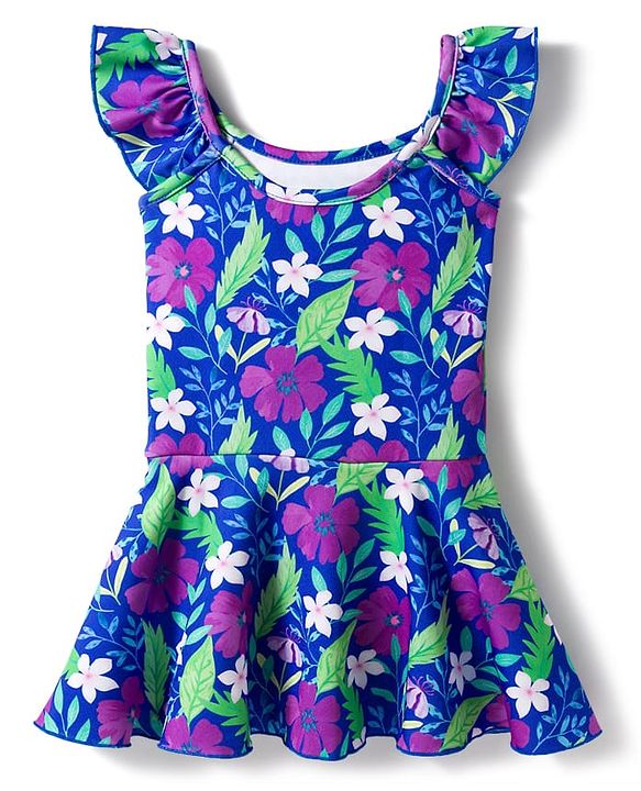 Babyhug Water Repellent Sleeveless Floral Printed Frock Swimsuit - Navy Blue