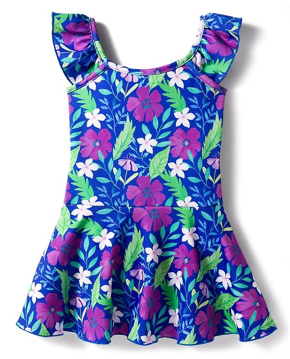 Babyhug Water Repellent Sleeveless Floral Printed Frock Swimsuit - Navy Blue