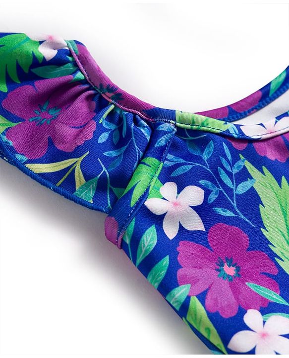 Babyhug Water Repellent Sleeveless Floral Printed Frock Swimsuit - Navy Blue