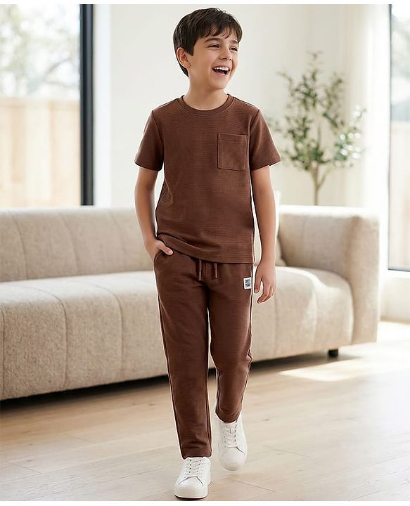Pine Kids Ottoman Knit Half Sleeves Solid T-Shirt & Lounge Pant Set - Brown