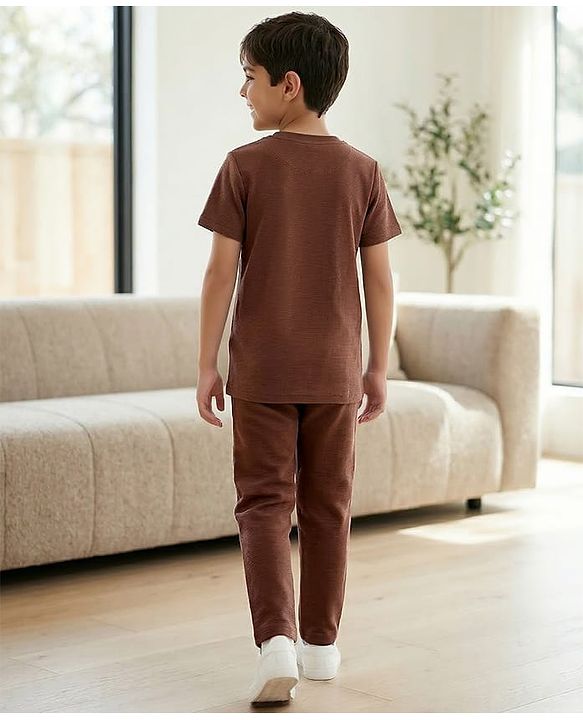Pine Kids Ottoman Knit Half Sleeves Solid T-Shirt & Lounge Pant Set - Brown