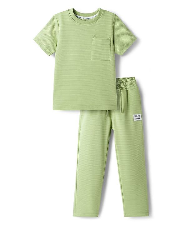 Pine Kids Ottoman Knit Half Sleeves Solid Color T-Shirt & Lounge Pant Set - Light Green