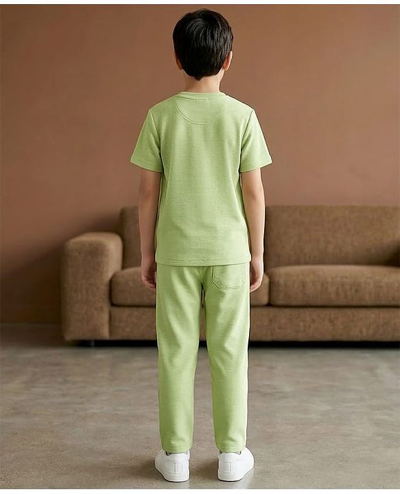 Pine Kids Ottoman Knit Half Sleeves Solid Color T-Shirt & Lounge Pant Set - Light Green