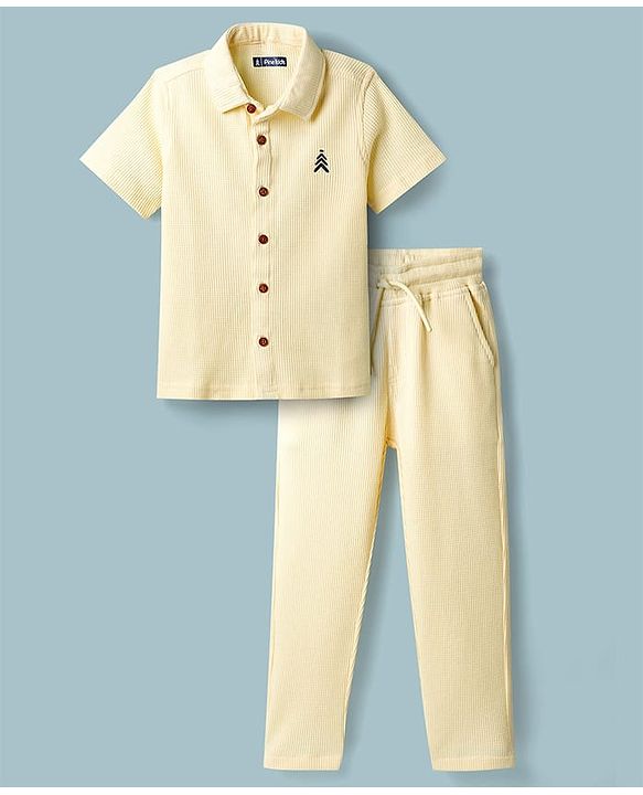 Pine Kids Waffle Knit Half Sleeves Solid Shirt & Lounge Pant Set - Yellow