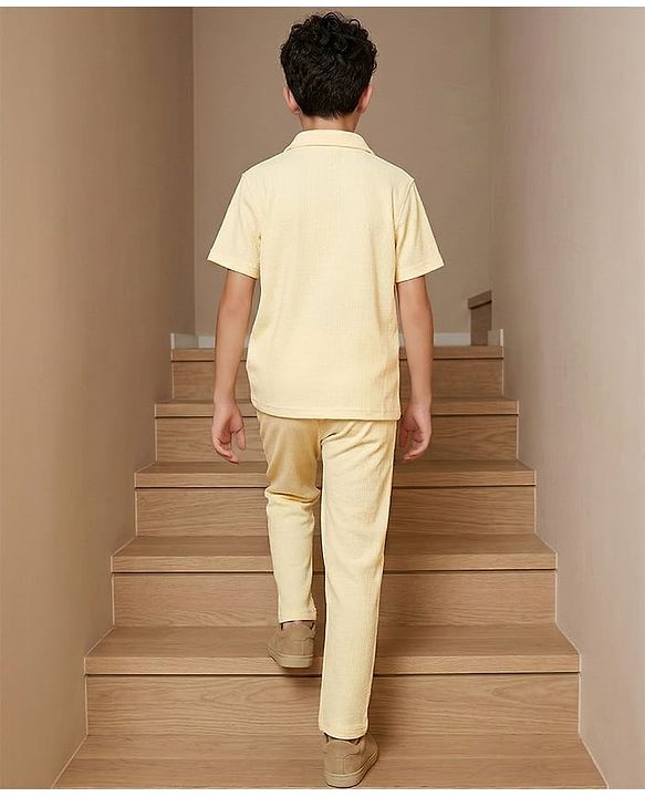 Pine Kids Waffle Knit Half Sleeves Solid Shirt & Lounge Pant Set - Yellow