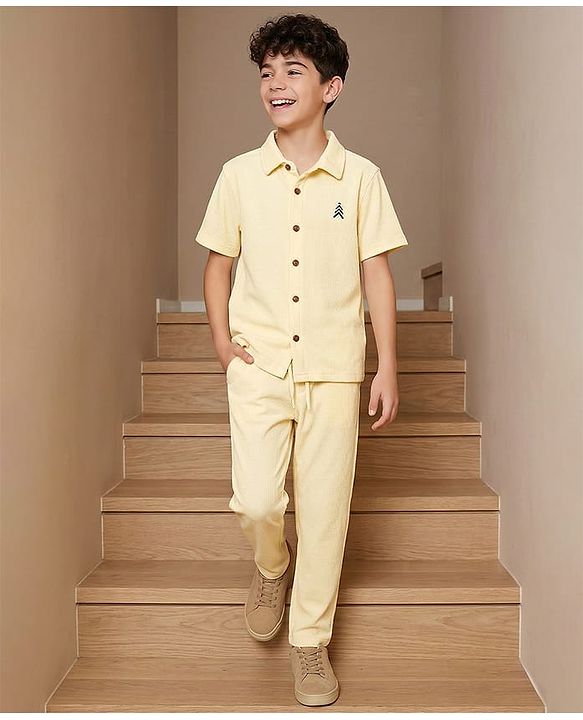 Pine Kids Waffle Knit Half Sleeves Solid Shirt & Lounge Pant Set - Yellow