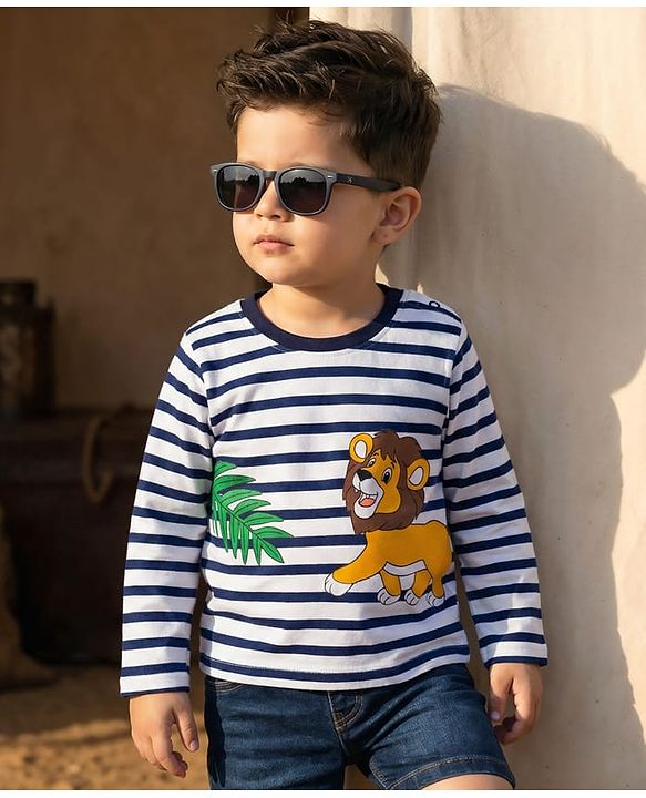 Babyhug Cotton Knit Full Sleeves Striped T-Shirt With Lion Print - Multicolor