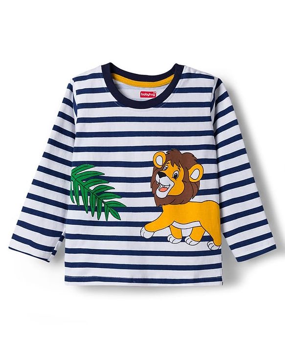 Babyhug Cotton Knit Full Sleeves Striped T-Shirt With Lion Print - Multicolor