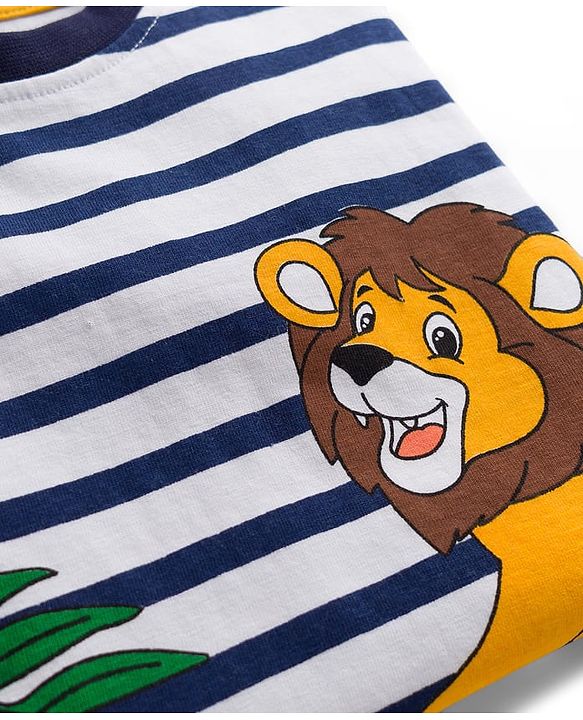 Babyhug Cotton Knit Full Sleeves Striped T-Shirt With Lion Print - Multicolor