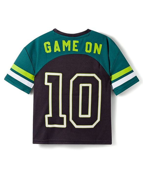 Pine Active Knit Drop Shoulder Half Sleeves T-Shirt with Front& Back Text Print- Dark Green