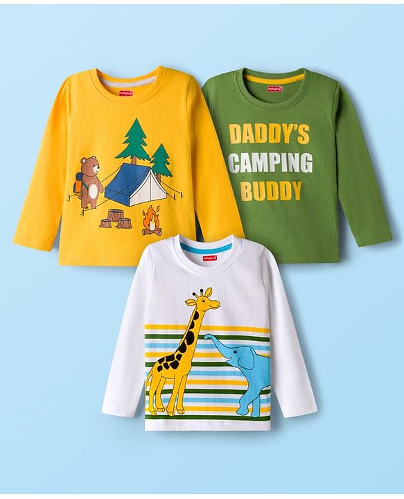 Babyhug Cotton Knit Full Sleeves T-Shirts With Animal & Text Print Pack of 3 - Multicolor