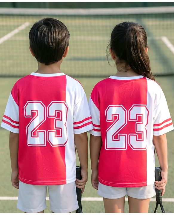 Pine Active Knit Drop Shoulder Half Sleeves T-Shirt With Number Print - Red & White