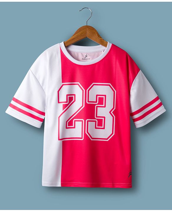 Pine Active Knit Drop Shoulder Half Sleeves T-Shirt With Number Print - Red & White
