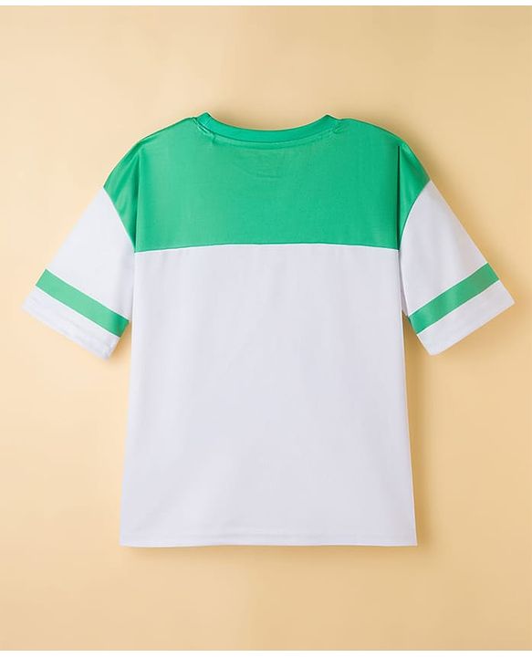 Pine Active Knit Drop Shoulder Half Sleeves T-Shirt with  Numerical & Text Print - Sea Green