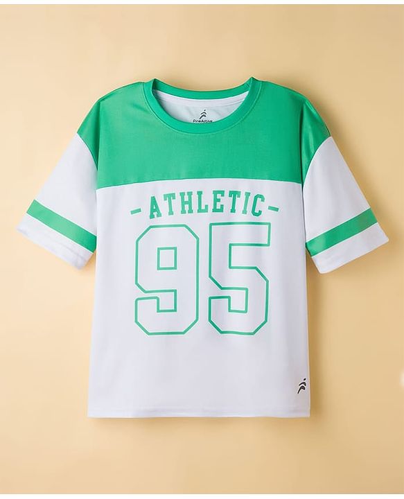 Pine Active Knit Drop Shoulder Half Sleeves T-Shirt with  Numerical & Text Print - Sea Green