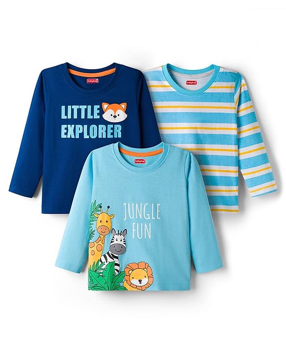 Babyhug Cotton Knit Full Sleeves T-Shirts With Stripes & Animal Print Pack of 3 - Multicolor