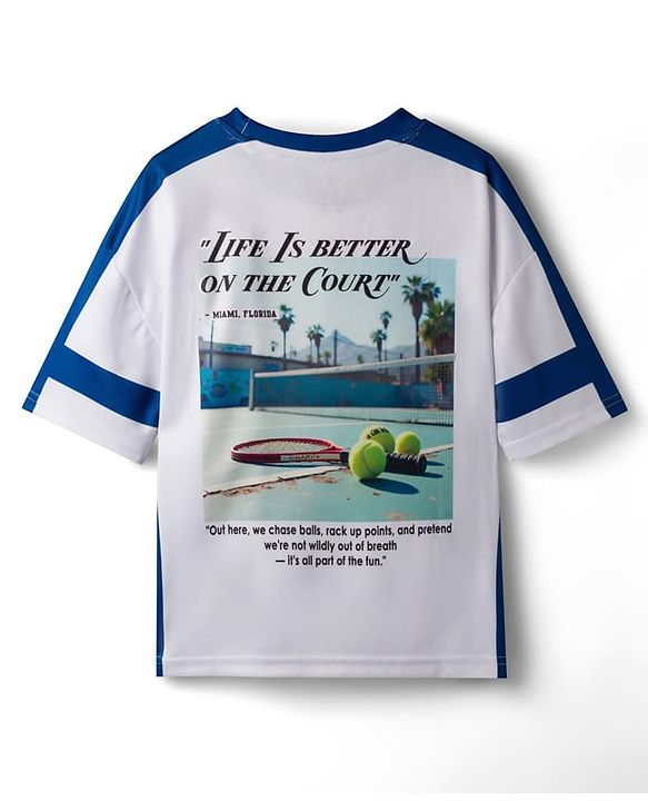 Pine Active Knit Drop Shoulder Half Sleeves T-Shirt With Tennis Print - White