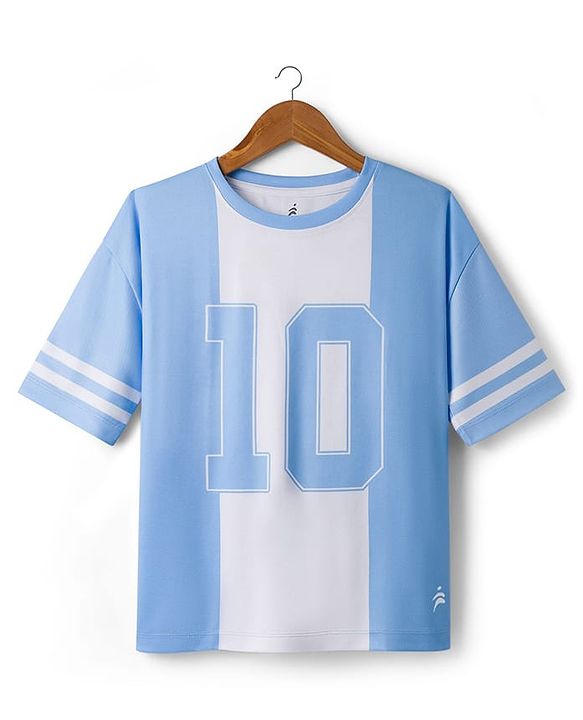 Pine Active Knit Drop Shoulder Raglan Half Sleeves T-Shirt with Numerical Print - Light Blue