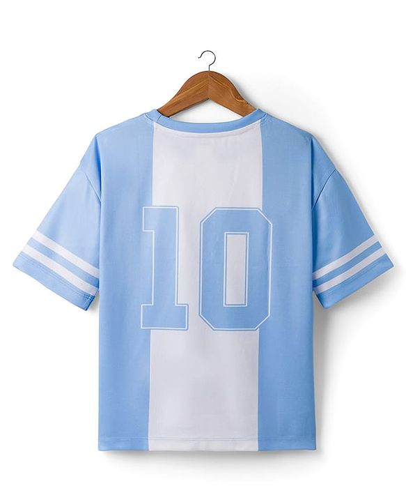 Pine Active Knit Drop Shoulder Raglan Half Sleeves T-Shirt with Numerical Print - Light Blue