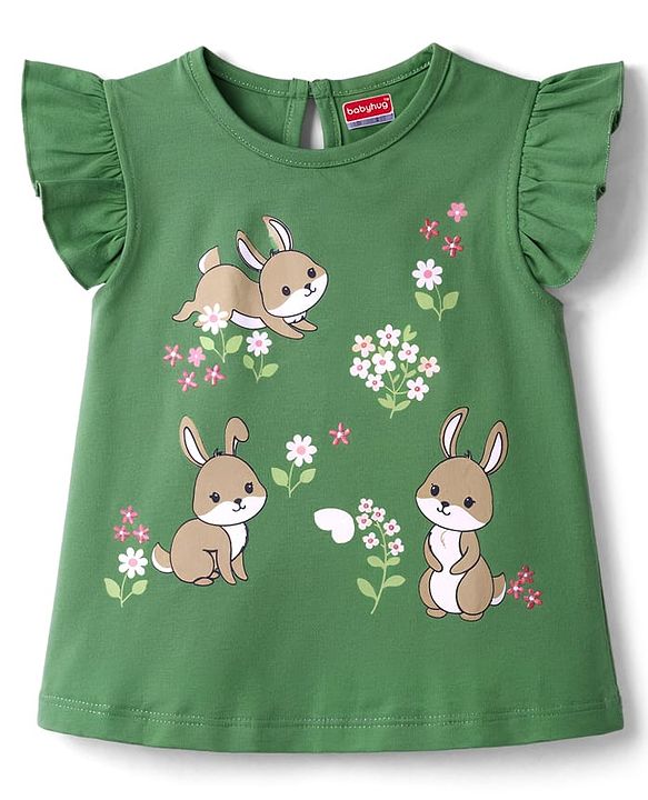 Babyhug Cotton Knit Frill Sleeves T-Shirt With Bunny & Floral Print - Multicolor