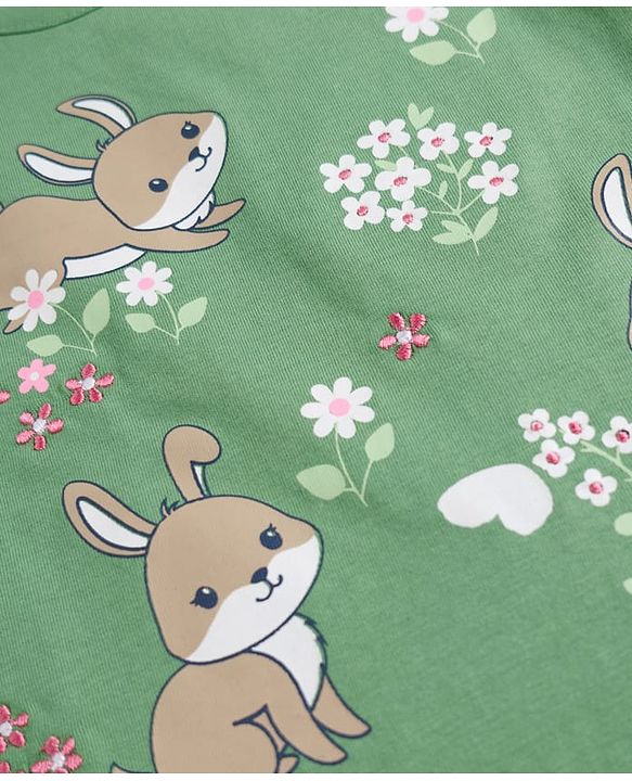 Babyhug Cotton Knit Frill Sleeves T-Shirt With Bunny & Floral Print - Multicolor