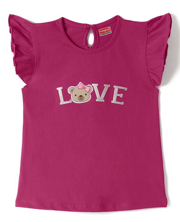 Babyhug 100% Cotton Knit Half Frill Sleeves Bear Embroidered & Text Printed T-Shirt - Dark Pink