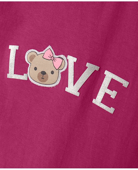 Babyhug 100% Cotton Knit Half Frill Sleeves Bear Embroidered & Text Printed T-Shirt - Dark Pink