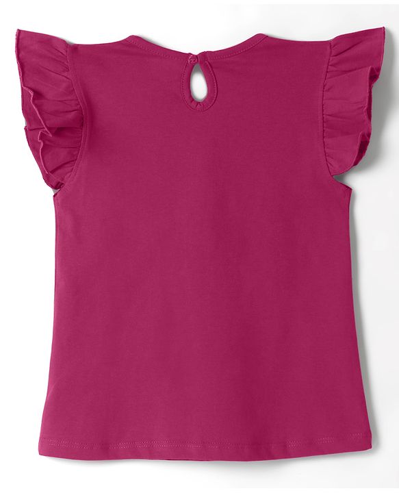 Babyhug 100% Cotton Knit Half Frill Sleeves Bear Embroidered & Text Printed T-Shirt - Dark Pink