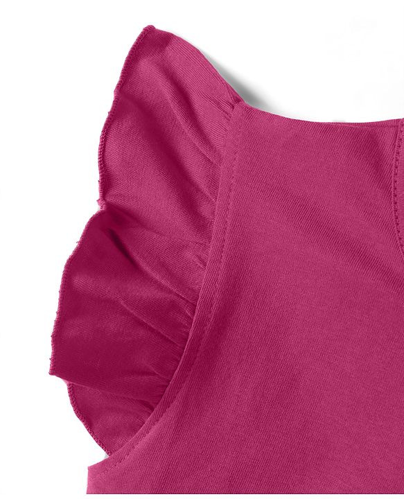 Babyhug 100% Cotton Knit Half Frill Sleeves Bear Embroidered & Text Printed T-Shirt - Dark Pink