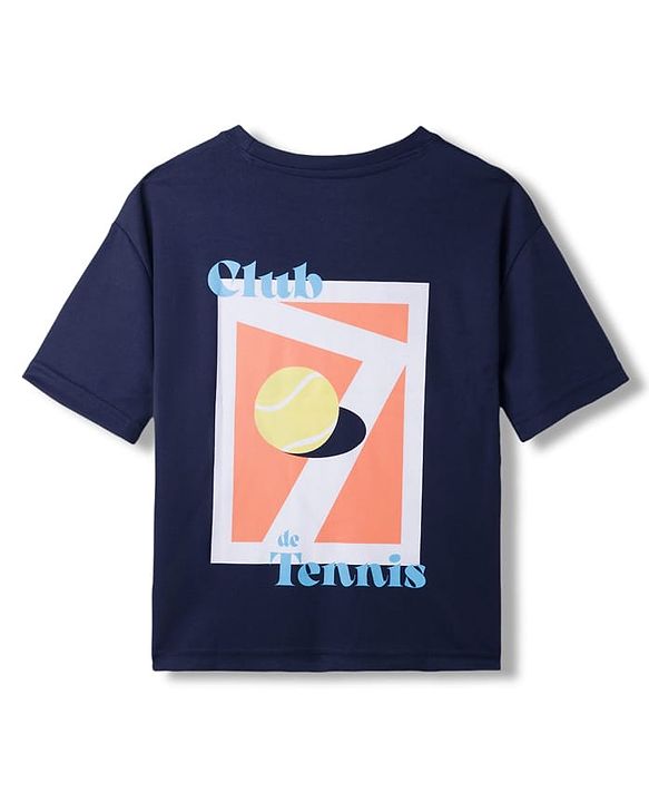 Pine Active Knit Drop Shoulder Drop Shoulder Half Sleeves T-Shirt with Tennis Print - Navy
