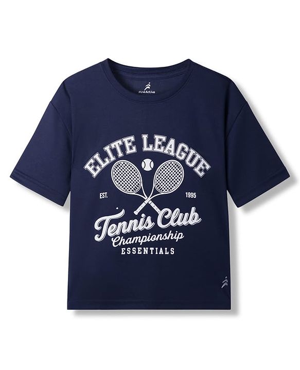 Pine Active Knit Drop Shoulder Drop Shoulder Half Sleeves T-Shirt with Tennis Print - Navy