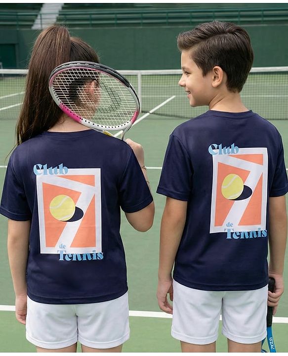 Pine Active Knit Drop Shoulder Drop Shoulder Half Sleeves T-Shirt with Tennis Print - Navy