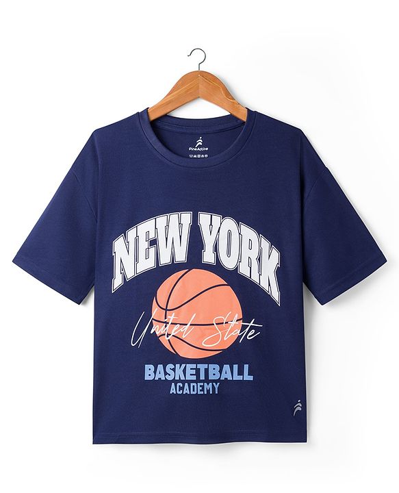 Pine Active Knit Drop Shoulder Half Sleeves T-Shirt with Sports Print - Navy Blue